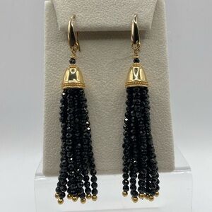 Bellezza 925 Gold Plated Black Spinel Beaded Tassel Dangle Earrings Pierced